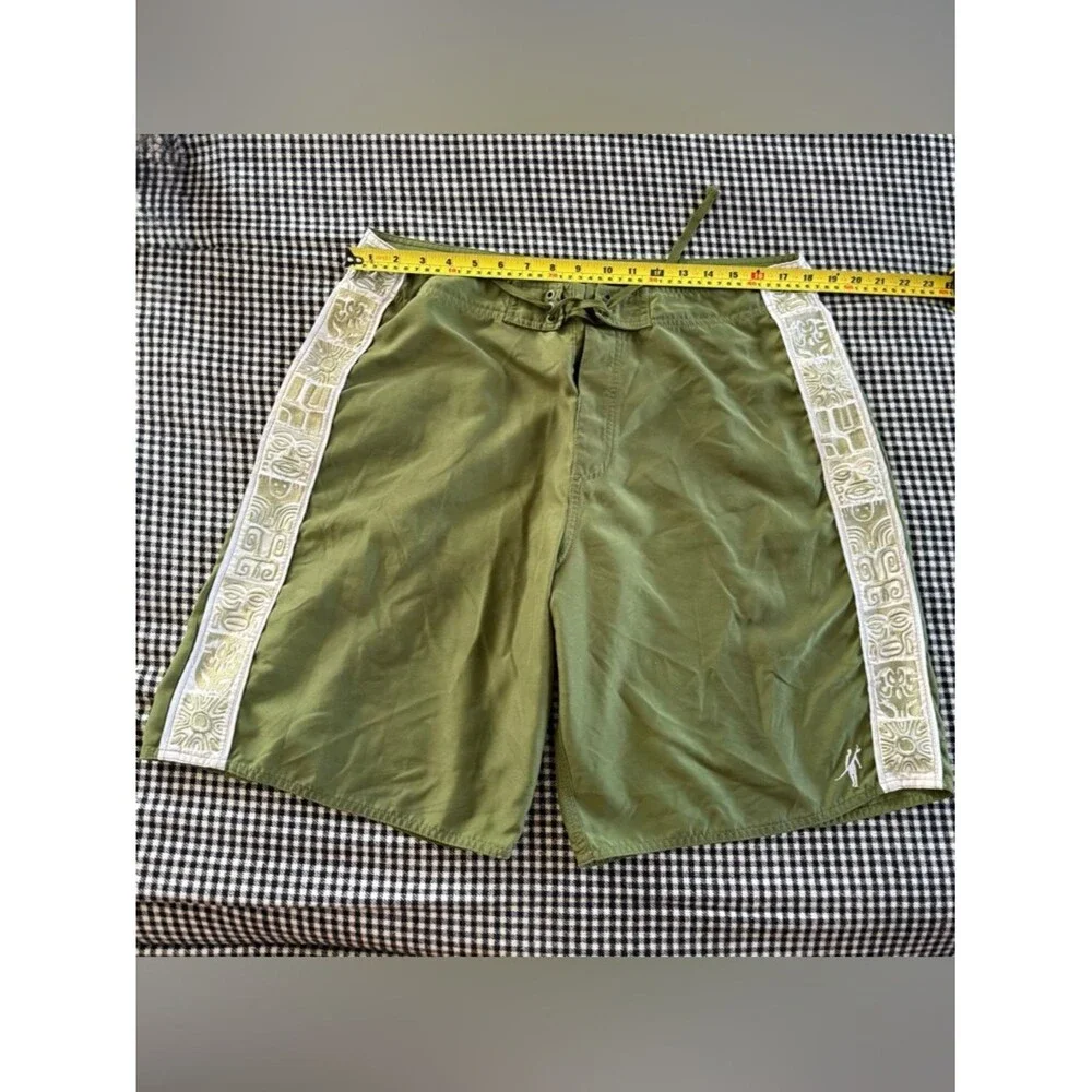 Vintage Y2K “Toes on The Nose” Olive Green Swim Trunks with White Tiki Sides